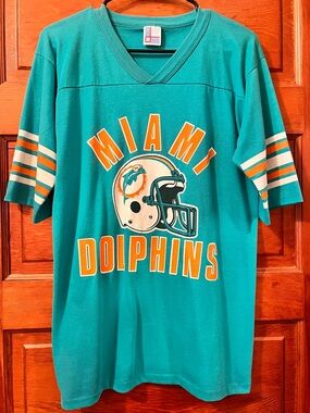 Vintage Miami Dolphins Teal Graphic Jersey Tee - Dan Marino #13 - Size Medium
